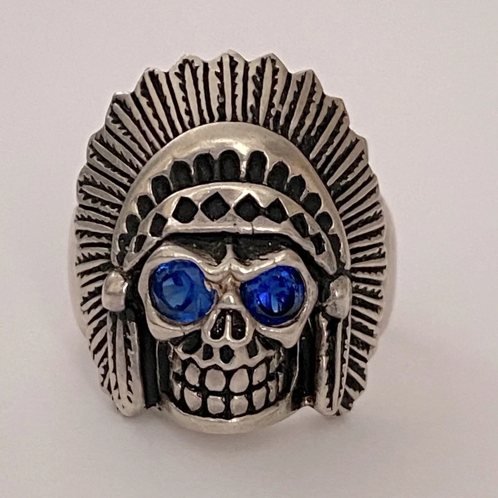 💀 925 silver biker chief skull ring sapphire blue cubic zirconia cz stones eyes